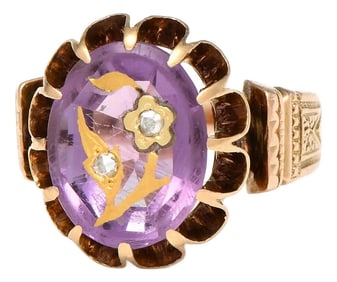 Mid 18th Century 14KR Victorian Inlaid Amethyst & Diamond Ring, Size 2 3/4