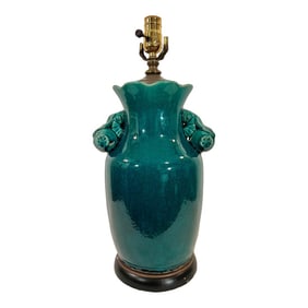 Vintage Chinoiserie Green Glazed Crackled Porcelain Temple Jar Style Lamp