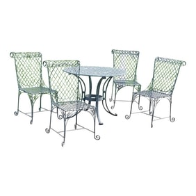 1970s Wireworks Style Cast Iron Table & 4 Wire Finish Chairs