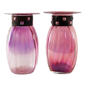 Pair of Mid 20th Century Blown Iridescent Czech Glass Vases With Copper Collars
