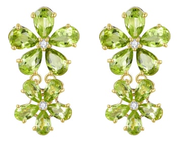 Nina Zhou Peridot Diamond Double Blossom Drop Earrings in 14k Gold - A Pair