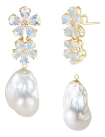Nina Zhou Moonstone Diamond Blossom & Baroque Pearl Convertible Drop Earrings in 14k Yellow Gold - A