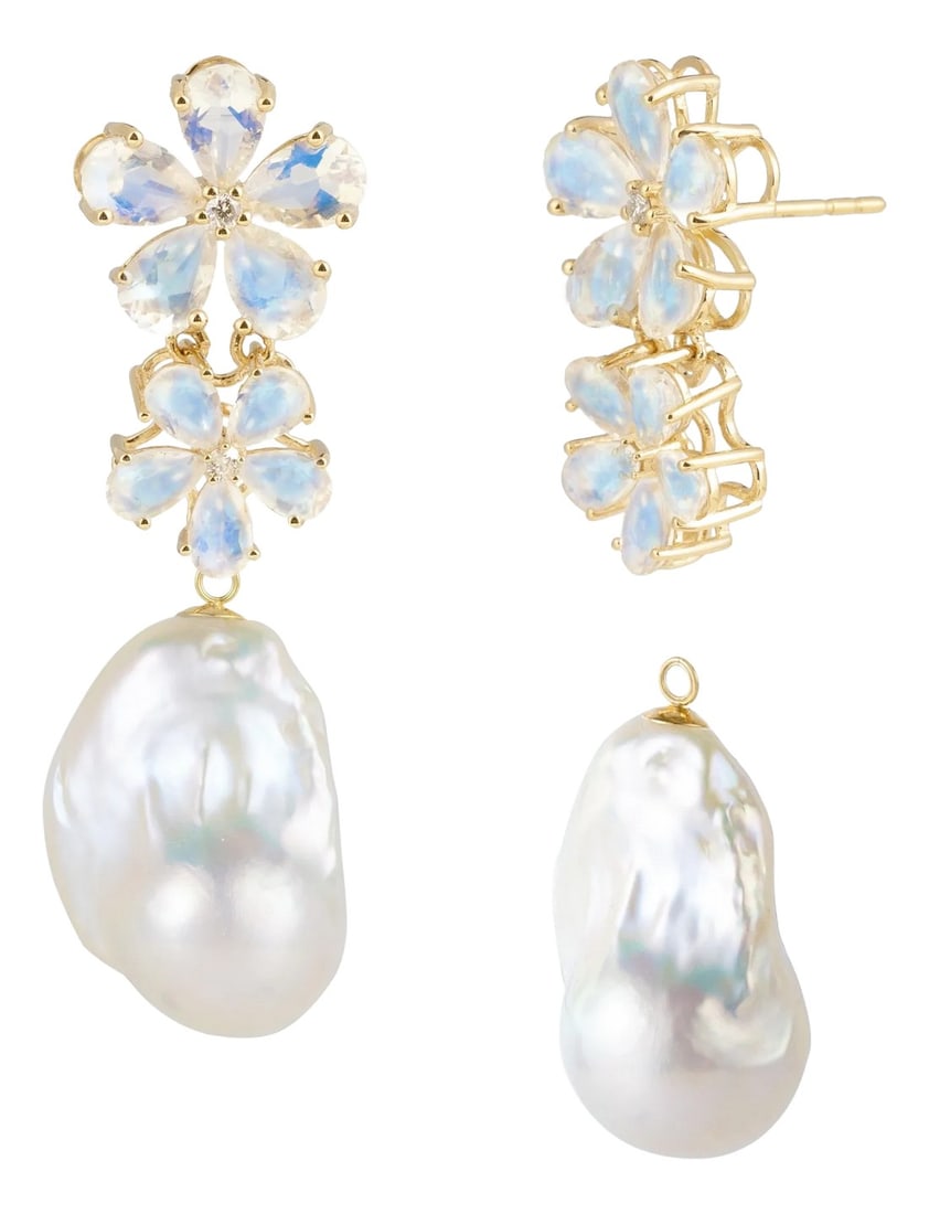 Nina Zhou Moonstone Diamond Blossom & Baroque Pearl Convertible Drop Earrings in 14k Yellow Gold - A: 14K Yellow Gold 20 Pieces Natural Moonstone｜Blue｜Pear｜Eye Clean Moonstone CTW: 5.60 4 Pieces Natural Diamond Grade: G Color｜VS Clarity Diamond CTW: 0.12 Cultured Baroque Pe