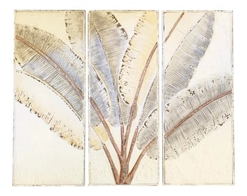 Large Fanning Banana Leaves Painted and Pressed Tin Triptych by Kalalou - 3 Pieces