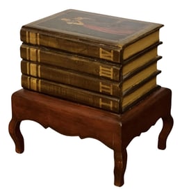 20th Century Faux Books Table With Portrait Painting and Lift-Top Storage