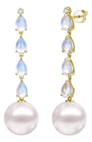 Nina Zhou Rhythm Moonstone Diamond and Pearl Drop Earrings in 18k Gold - A Pair