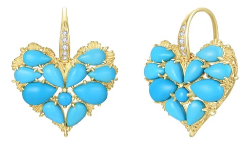 Nina Zhou Fantasy Heart Turquoise Diamond Drop Earrings in 14k Yellow Gold - A Pair