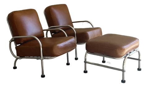 Mid Century Modern Leather and Aluminum Lounge Chairs by Warren MacArthur - A Set