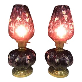 Pair of 1960s Fenton Plum Colored Parlor Table Lamps