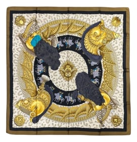 Hermes Casques et Plumets silk scarf In Olive and Black