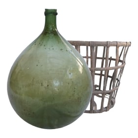 Handblown French Green Demijohn With Original Rusted Iron Basket – Vintage Wine Storage Vessel
