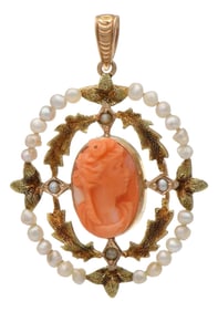 10KY Victorian Carved Cameo & Seed Pearl Pendant