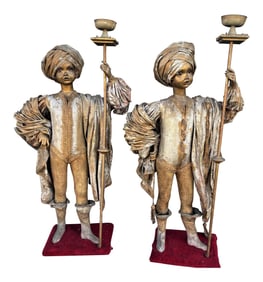 Theatrical Middle Eastern Child Size Figures W/Gold Costumes Turban Torches - A Pair