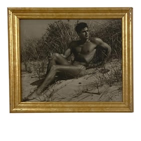 Vintage Black and White Photograph of Male Nude on Beach