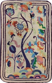 Colorful Vintage American Hooked Rug With Branching Rainbow-Colored Flowers