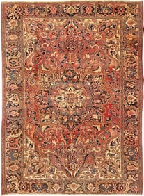 Vintage Heriz With Large Medallion in Soft Red, Navy Blue, Light Blue and Cream Colors