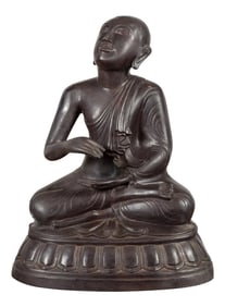 Mid 20th Century Vintage Bronze Lost Wax Sculpture Depicting a Praying Monk Sitting on a Base