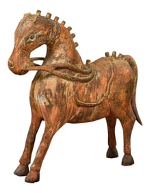 Mid 20th Century Small Vintage Indian Exterior Rust Colored and Carved Wooden Horse from Madras