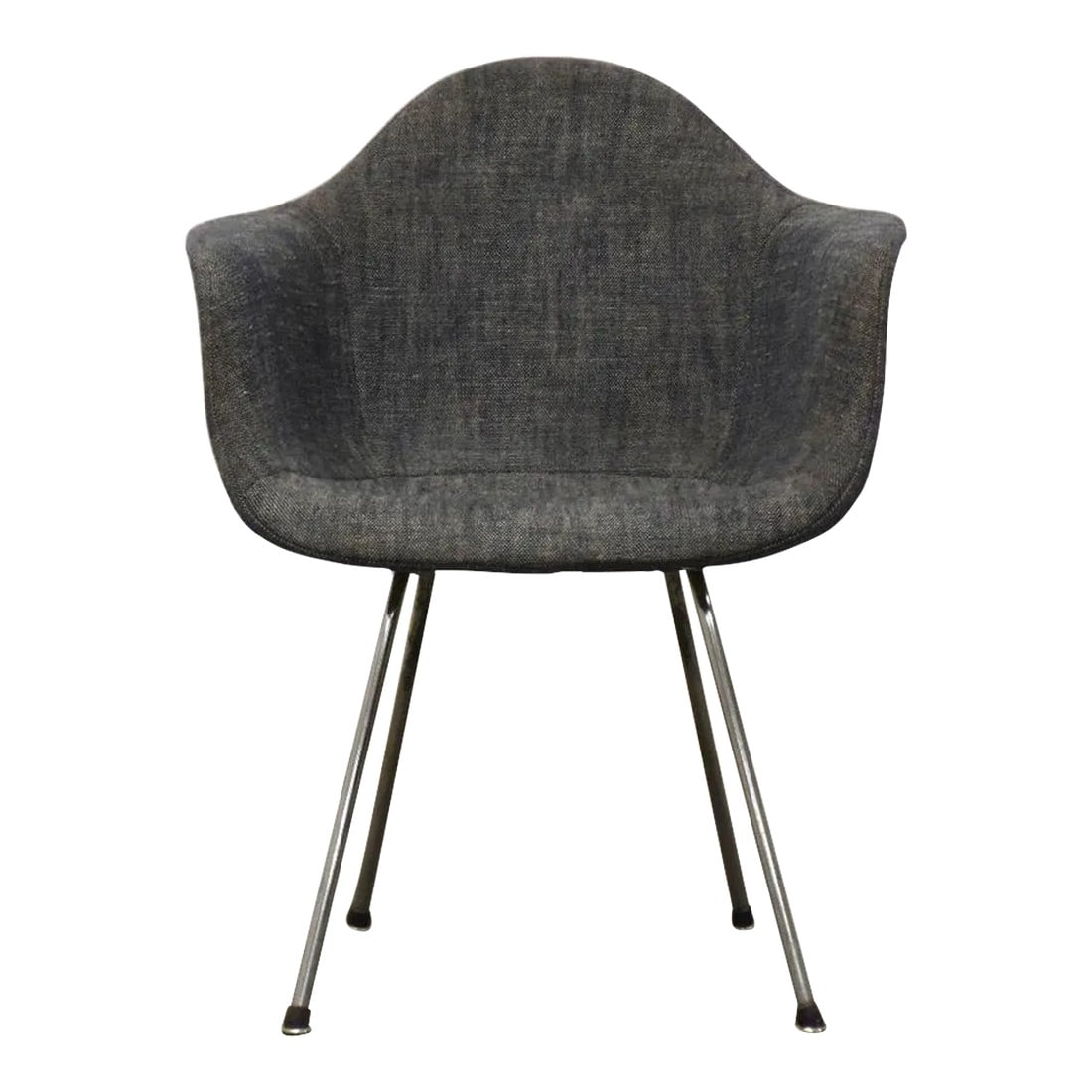Eames Fiberglass Dax Dining Chair: A mid century modern dark grey fabric fiberglass DAX dining arm chair designed by Charles and Ray Eames. Seat height is 17.5". 2 available. 25" wide. 24" deep. 31.5" tall. Condition: Alterations: Rest