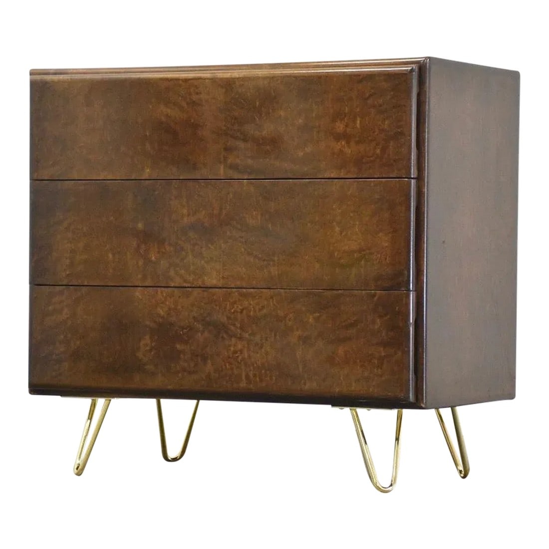 Milo Baughman for Thayer Coggin Dresser Chest: A mid century modern burl three drawer dresser designed by Milo Baughman for Thayer Coggin with brass hairpin legs. 32" wide. 18" deep. 29.75" tall. Condition: Alterations: Restored Imperfections: Som