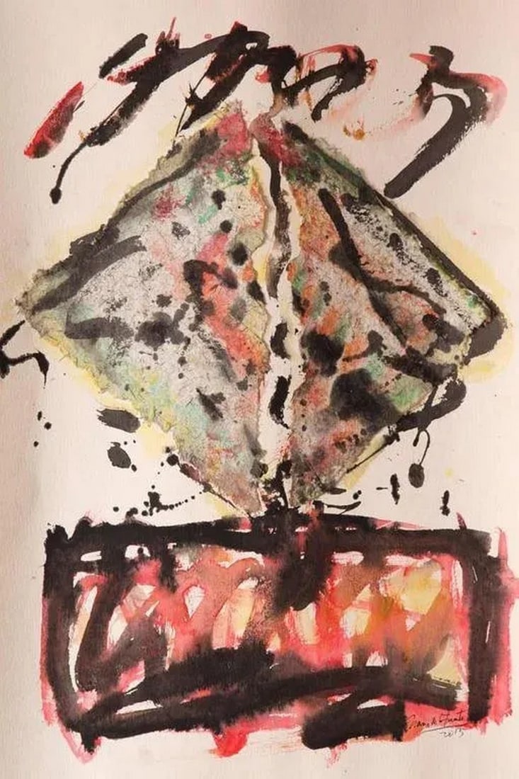 2013 "Composition II" Contemporary Abstract Painting Mixed Media by Nana De La Fuente: Composition II is an organic composition. The Artist expresses the abstract view of a sculpture artist and uses Collage and mixed media to transmit that volumetric force to the viewer. The piece is no