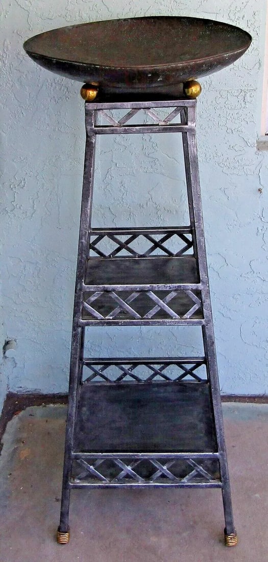 1990s Maitland-Smith Metal Two Shelf Copper Bowl Top Jardiniere Etagere Stand: Maitland-Smith Metal Two Shelf Copper Bowl Top Jardiniere Etagere 47" Tall Stand Excellent condition and labeled beneath bowl. Comes from a South Florida designer home estate. Measures 47" tall and ha