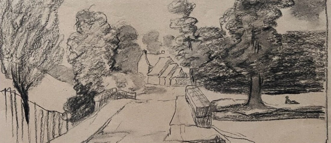 Antique Original Drawing Landscape, Cityview, Trees, Forest 19th century 1870 (1 of 9)