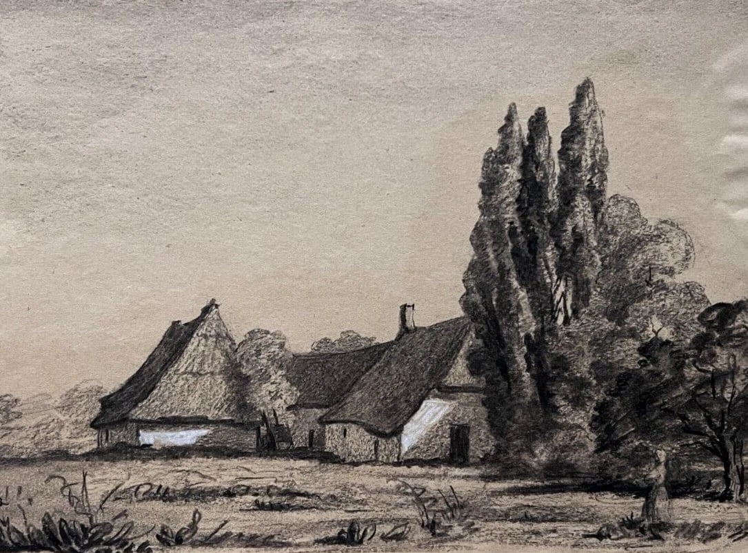 Antique Original Drawing Landscape, House, Trees, Forest 19th century 1870 (1 of 9)