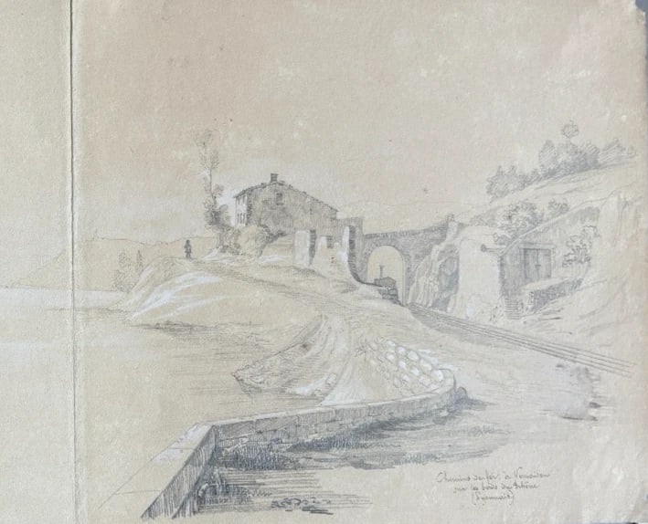 Antique Drawing Original Landscape, Vernaison, Houses, Train Station19th century (1 of 9)