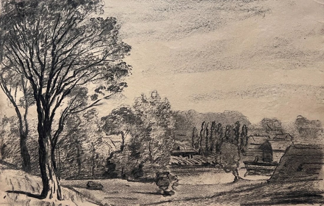 Antique Original Drawing Landscape, Forest, Trees, Boat 19th century (1 of 9)