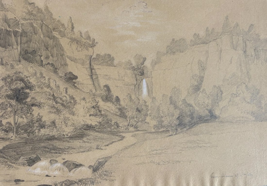 Antique Drawing Original Chinon, Landscape, Trees, Waterfall 19th century 183 (1 of 9)