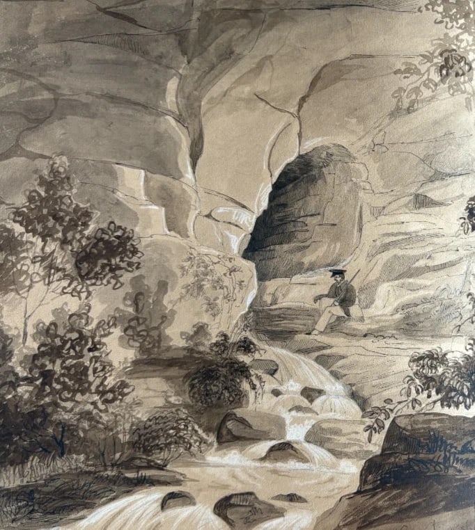 Antique Ink Drawing Original 19th century Man in Landscape 1837 (1 of 9)