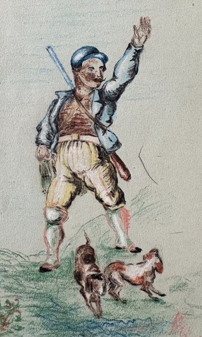 Antique Drawing Man, Portrait Genre Scene, Hunter, Dogs Sketch Artwork (1 of 9)