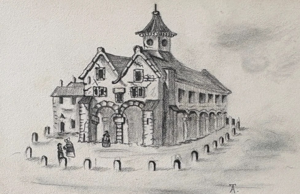 Antique Drawing Original Maison de Charite, Paris, Architecture Artwork (1 of 9)