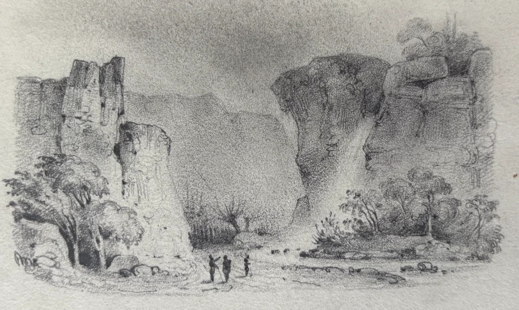 Antique Drawing 19th century Landscape, Trees, People Artwork (1 of 9)