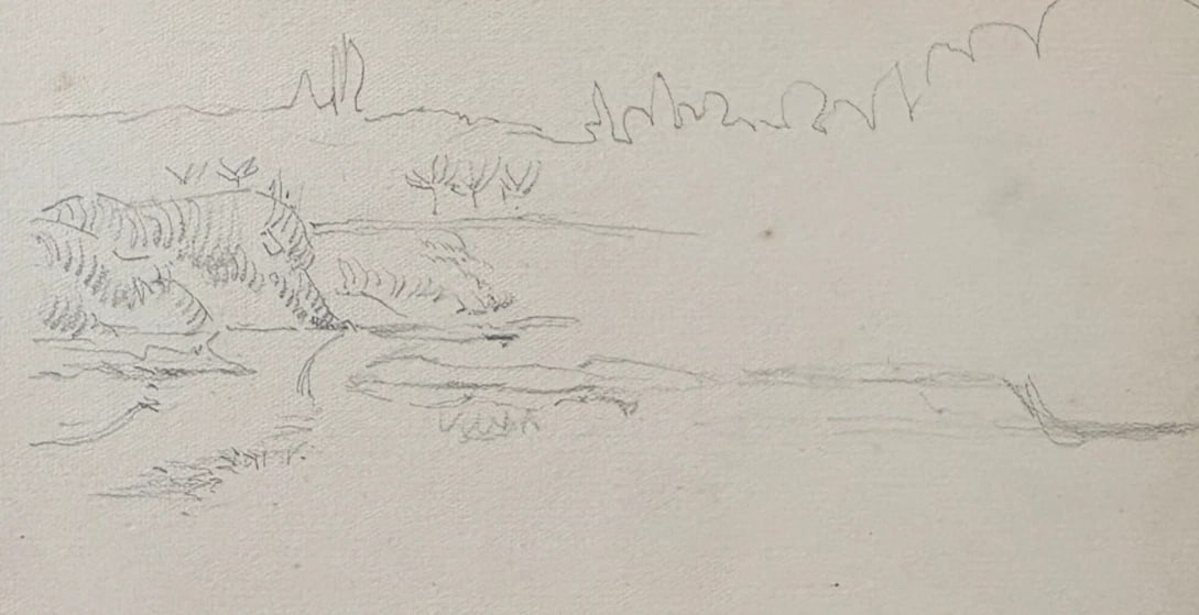 Antique Drawing 19th century Landscape, Trees, People Artwork (1 of 9)