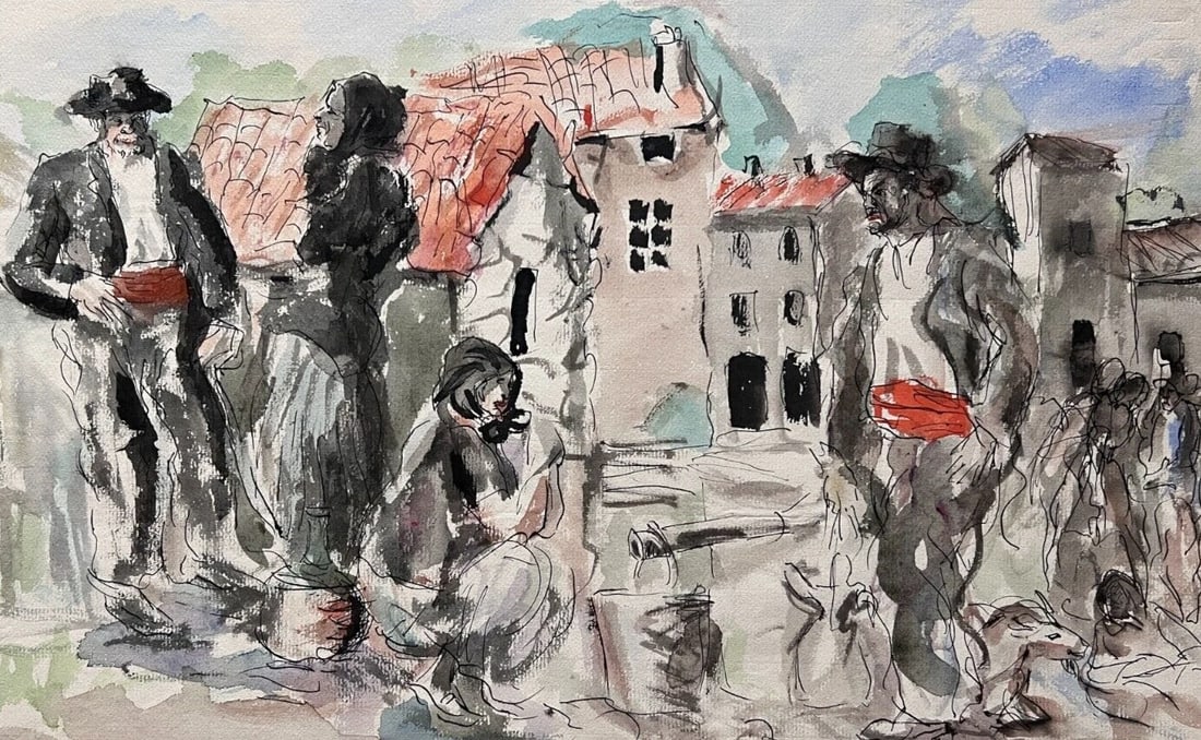 Antique Original Drawing People, Life Scene, Cityview, Spanish, Music signed (1 of 9)