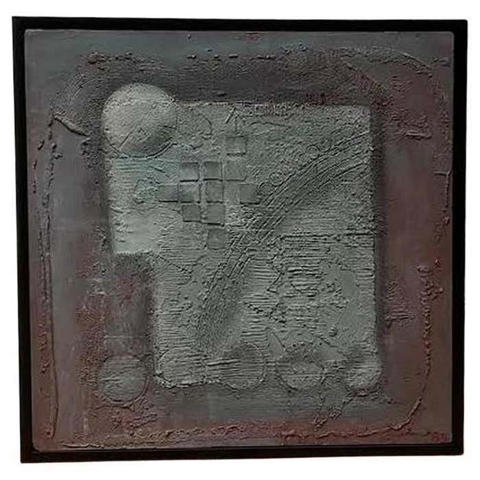 Astral Perspective Mixed-Media Blue-Grey and Purple Abstract: Title: "Astral Perspective" Mixed-Media Blue-Grey and Purple Abstract Description: This square-framed abstract artwork, textured with blue-grey and purple hues, features an illegible signature and is