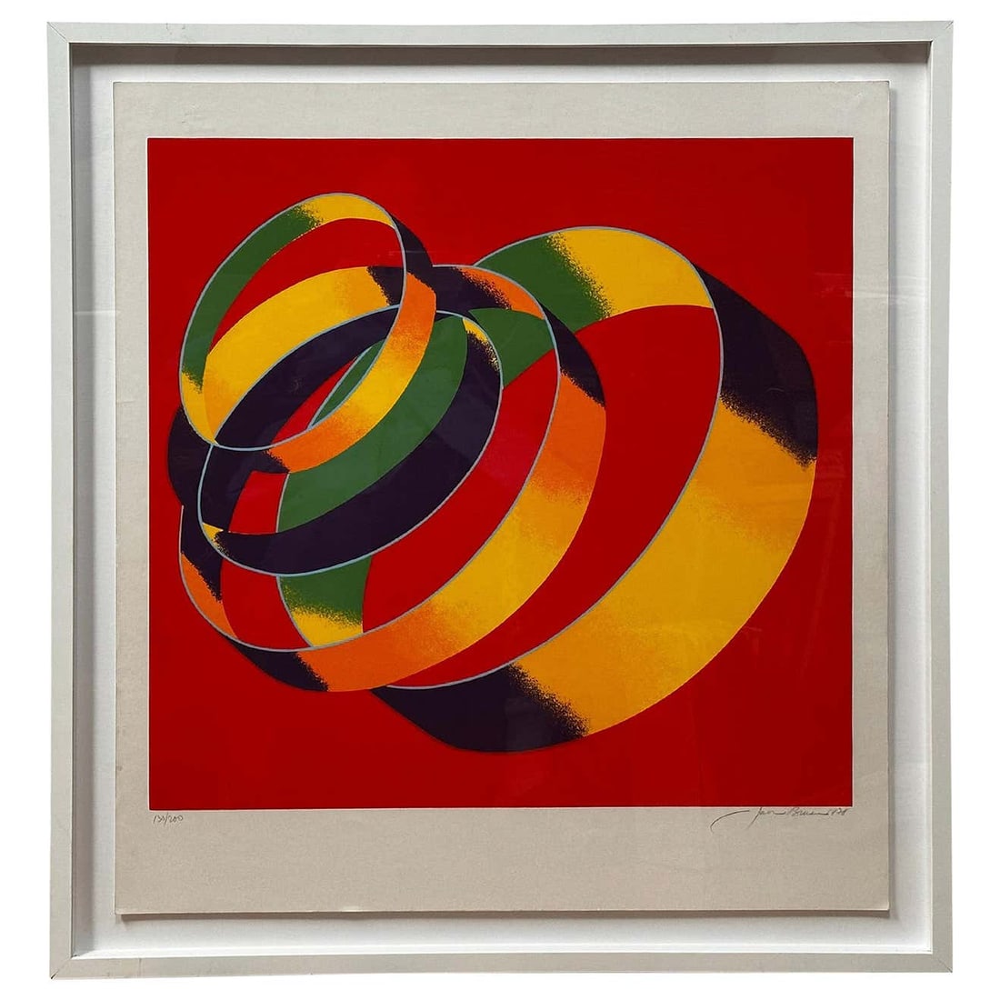 Multicolour Spiral Geometric Lithograph Abstract by Jack Brusca: Title: "Multicolour Spiral" Geometric Lithograph Abstract by Jack Brusca Description: Jack Brusca (1939-1993) was a painter who worked with an airbrush in acrylic paint. He won critical praise when he