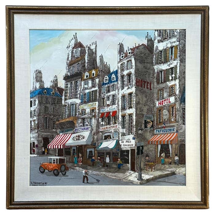 Parisian Street, Cityscape Oil on Canvas by Robert Farrington: Title: "Parisian Street", Cityscape Oil on Canvas by Robert Farrington Description: This Robert Farrington's painting serves as a visual gateway to a distinct period in post-war France, composed with