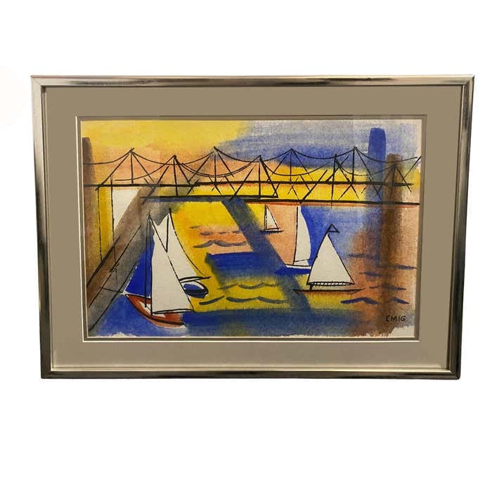 Sailing by the bridge Marine Landscape Watercolor by Paul Emig 2010s (1 of 6)