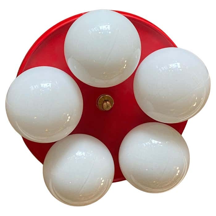 Midcentury Ceiling Lamp Five Bulbs Attributed to Max Bill for TEMDE: Title: Midcentury Ceiling Lamp Five Bulbs Attributed to Max Bill for TEMDE Description: This ceiling lamp, often attributed to designer Max Bill for the German manufacturer TEMDE, features a minimalis