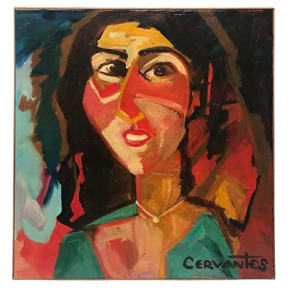 Portrait Oil Painting on Canvas Signed Cervantes (1 of 4)
