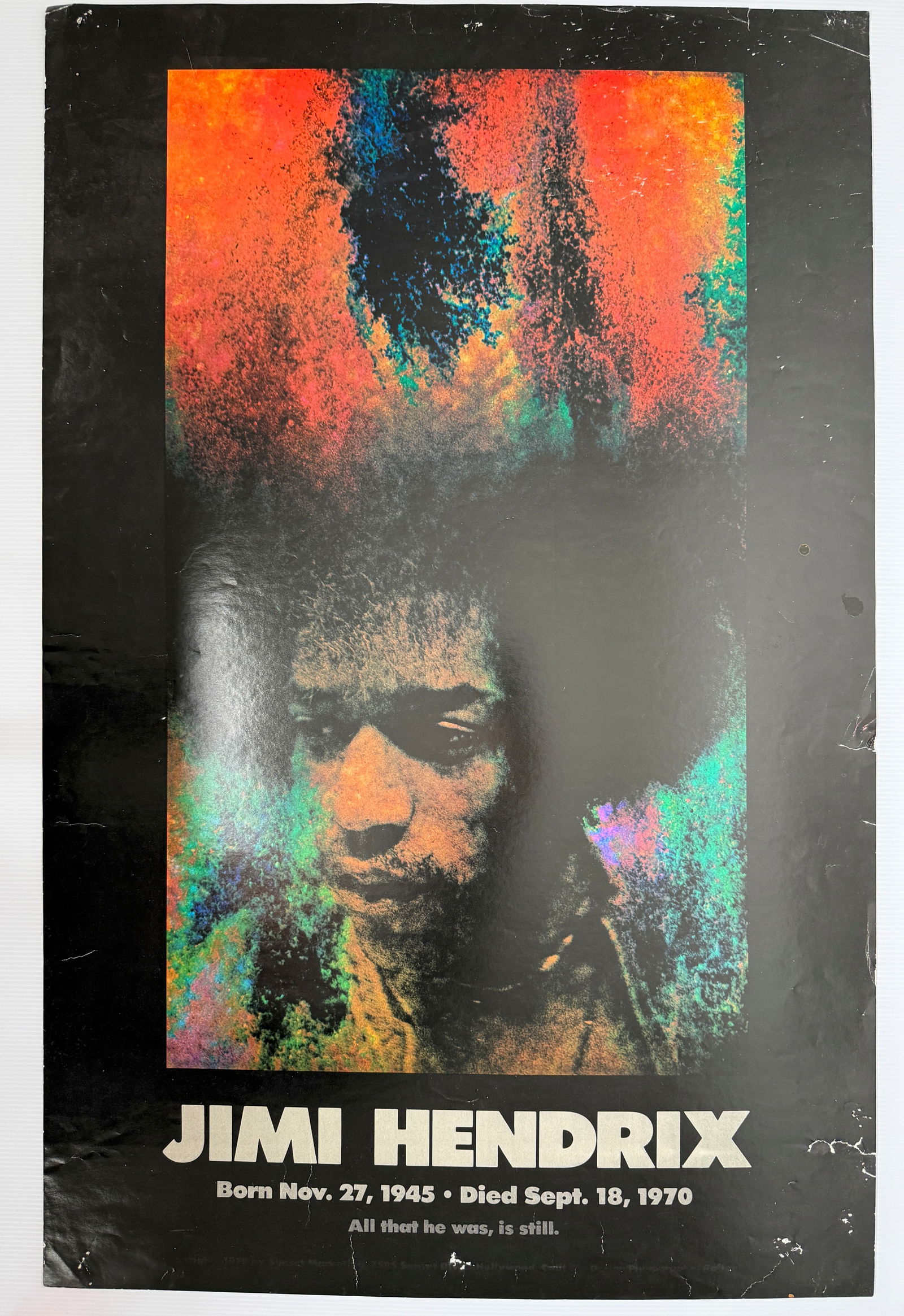 JIMI HENDRIX MEMORIAL POSTER 1970: Title: JIMI HENDRIX MEMORIAL POSTER 1970 Description: JIMI HENDRIX MEMORIAL POSTER 1970 - ABOUT 24 X 36 Reserve: $5.00 Shipping: Domestic: Flat-rate of $12.00 to anywhere within the contiguous U.S. In