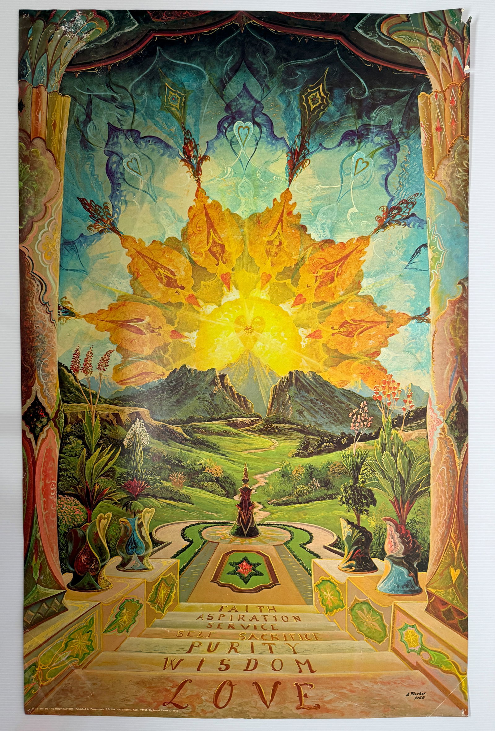1969 STEPS TO THE MOUNTAINTOP: Title: 1969 STEPS TO THE MOUNTAINTOP Description: 1969 STEPS TO THE MOUNTAINTOP HEAD SHOP ZEN POSTER. ART BY J. PARKER. JUST UNDER 24 X 36. Reserve: $5.00 Shipping: Domestic: Flat-rate of $12.00 to an