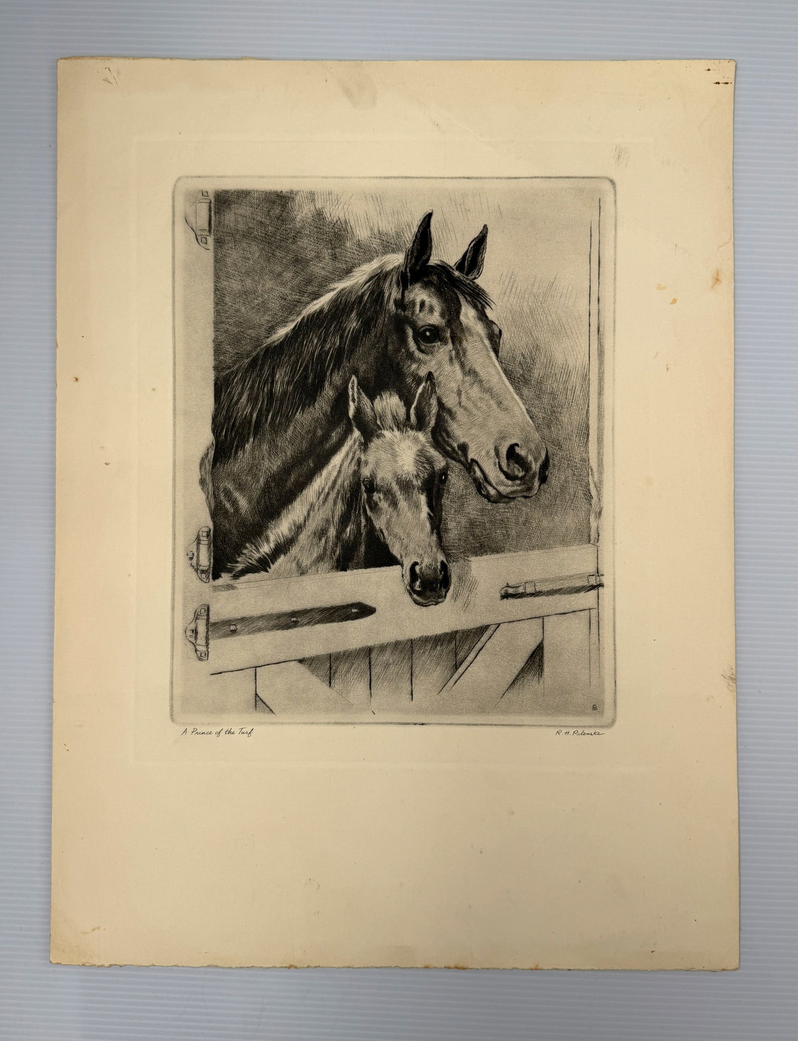 A PRINCE OF THE TURF PALENSKE TALIO-CHROME PRINTED ETCHING: Title: "A PRINCE OF THE TURF" PALENSKE TALIO-CHROME PRINTED ETCHING Description: "A PRINCE OF THE TURF" PALENSKE TALIO-CHROME PRINTED ETCHING - RACEHORSES. This is a vintage print of an etching by Chi