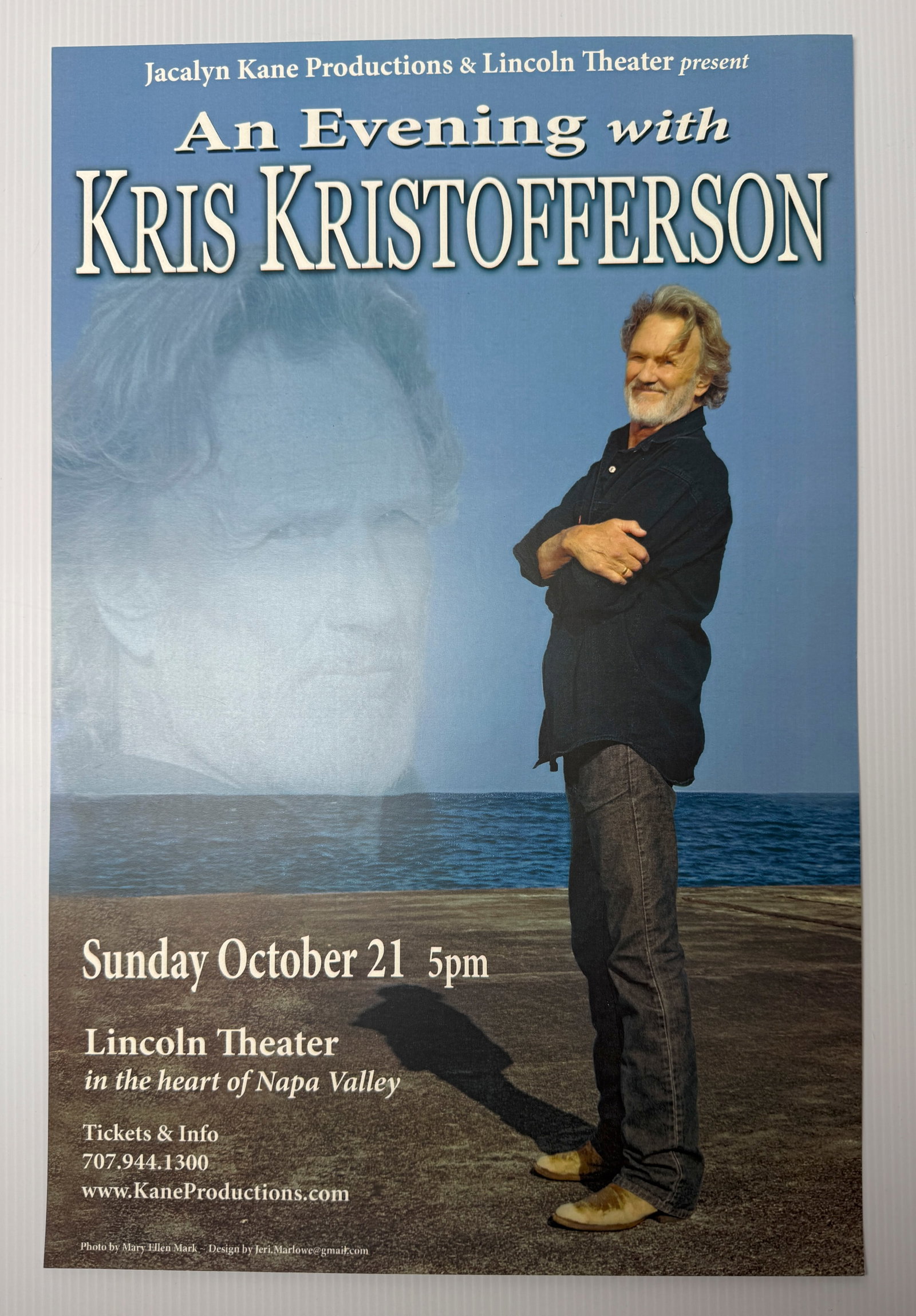 AN EVENING WITH KRIS KRISTOFFERSON: Title: AN EVENING WITH KRIS KRISTOFFERSON Description: AN EVENING WITH KRIS KRISTOFFERSON. LINCOLN THEATER NAPA VALLEY. ABOUT 14 X 21 Reserve: $5.00 Shipping: Domestic: Flat-rate of $12.00 to anywhere