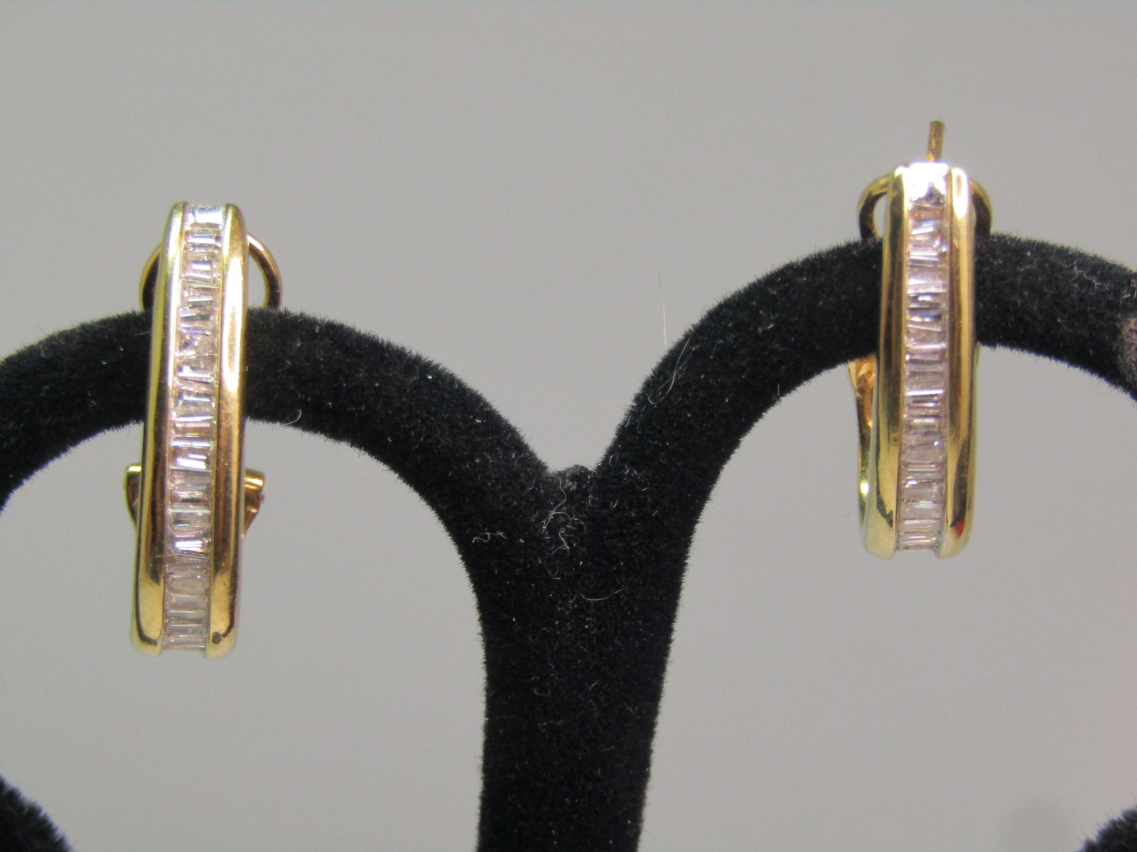 14kt Diamond Baguette Half-Hoop Earrings, Pierced, Signed, 1980's-1990's (1 of 8)
