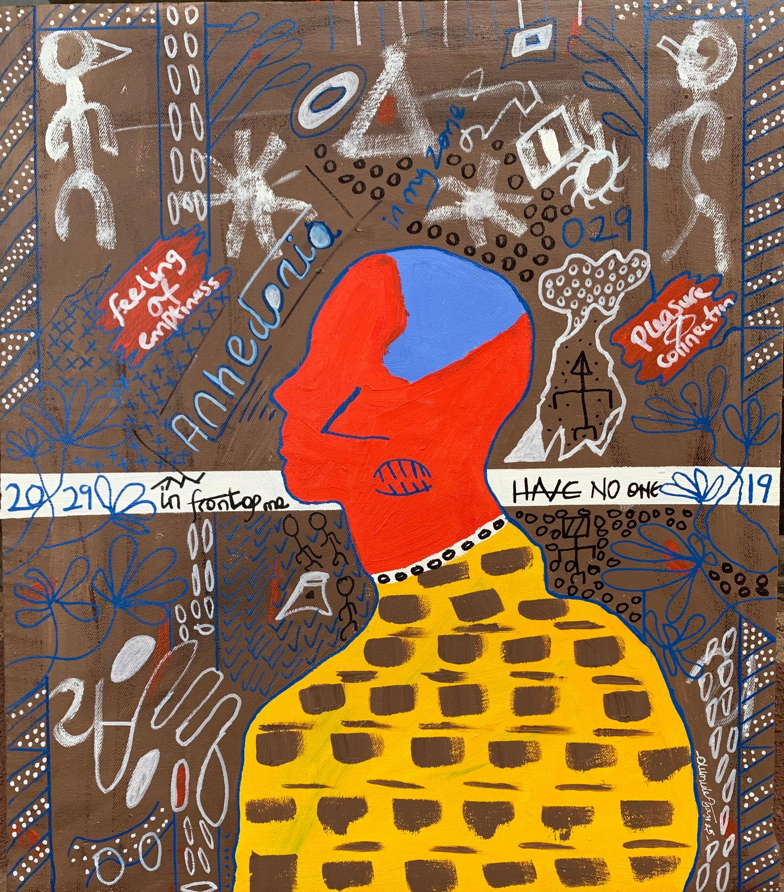 Olumide Ajayi, Anhedonia - 21st Century, Contemporary, Abstract, Pop Culture, Love, Loneliness, 2025: Creator: Olumide Ajayi (1996, Nigerian) Creation Year: 2025 Dimensions: Height: 24 in (60.96 cm)Width: 21 in (53.34 cm)Depth: 1 in (2.54 cm) Medium: Canvas,Ink,Acrylic Movement & Style: Abstract Expre