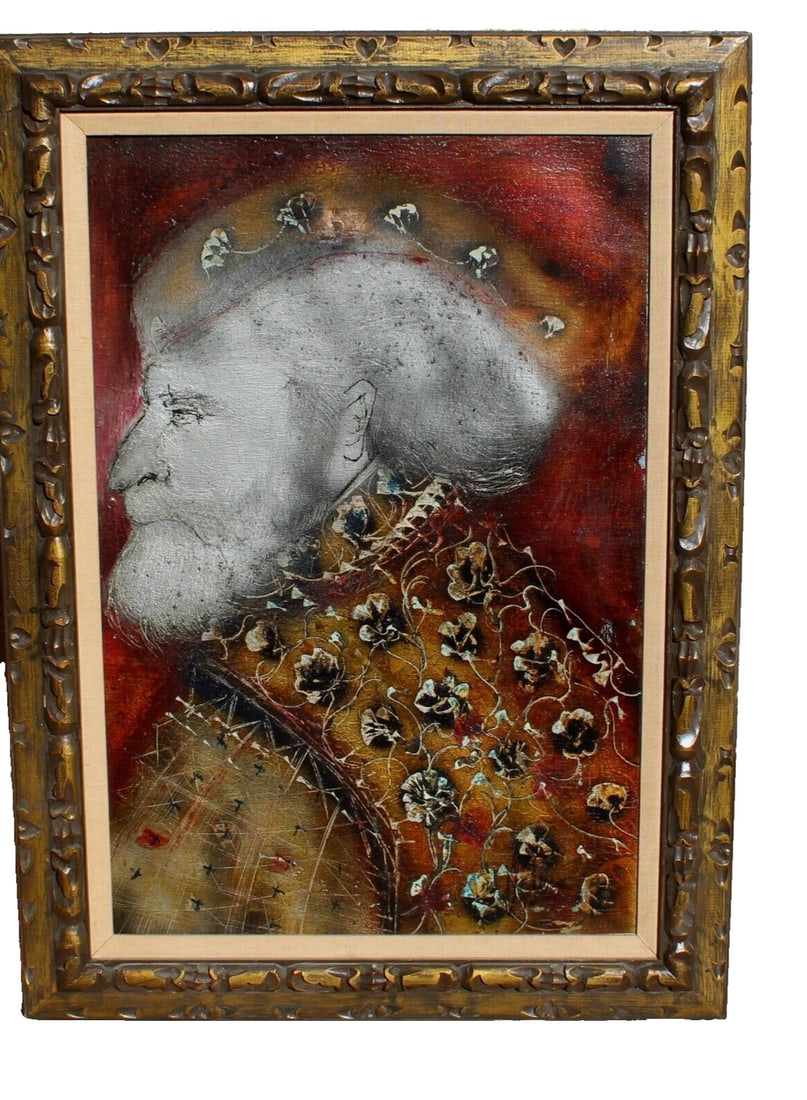 Artist Unidentified Manner of Charles Bragg Modernst Kingly Man w/Flowered Cloak: Artist Unidentified. In the Manner of Charles Bragg. Mid Century Kingly Man with Flowers in his Hair and a Flowered Cloak, 36" x 24" oil on canvas (framed size: 44-1/2" x 31-1/2") signed with a hard t